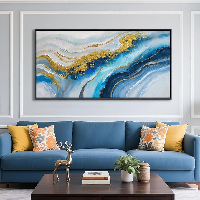 Blue Modern Gold Wall Art for Living Room - Abstract Canvas Wall Art, Office Wall Decor, Above Bed Wall Decor, Large Pictures for Bedroom Framed Artwork for Walls 24×48IN