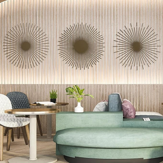 NEODECO Sun Rays-Triple Metal Wall Art, Geometric Sun Decor, Metallic colors, Large 3D wall sculpture, model BCD, Set of 3 (Bronze, Small)