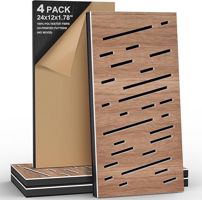 4Pack Acoustic Wall Panel, Self-Adhesive Soundproof Foam Panels for Wall, 3D Perforated Tri-Layer Polyester Fiber Decorative Acoustic Insulation for Recording Studio, Office, 24×12×1.78", Rain-Line