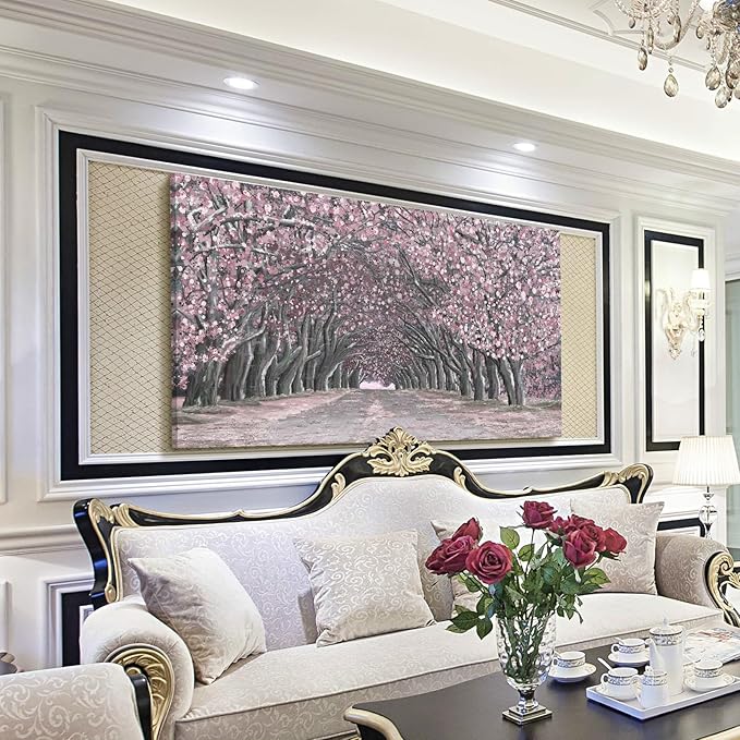 Nicetop Large Pink Wall Art – Floral Tree Artwork Romantic Cherry Blossom Landscape Canvas Art Print Dreamy Sakura Flower Pathway Forest Tunnel Nature Picture for Living Room Bedroom Girls Room 48x24 Inch