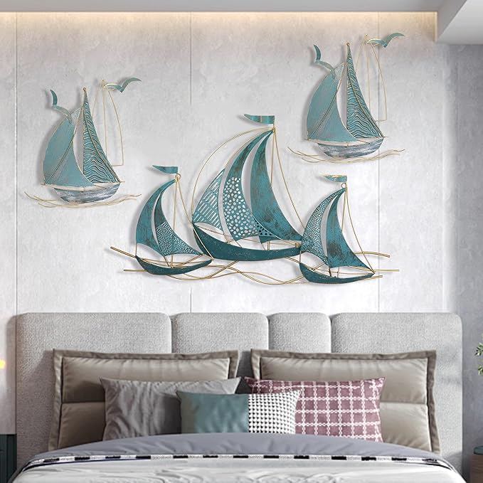 3 PCS Metal Wall Art, Large Metal Sailboat Wall Decor, Modern Home Wall Sculpture for Office, Bedroom, Living Room, Dining Room