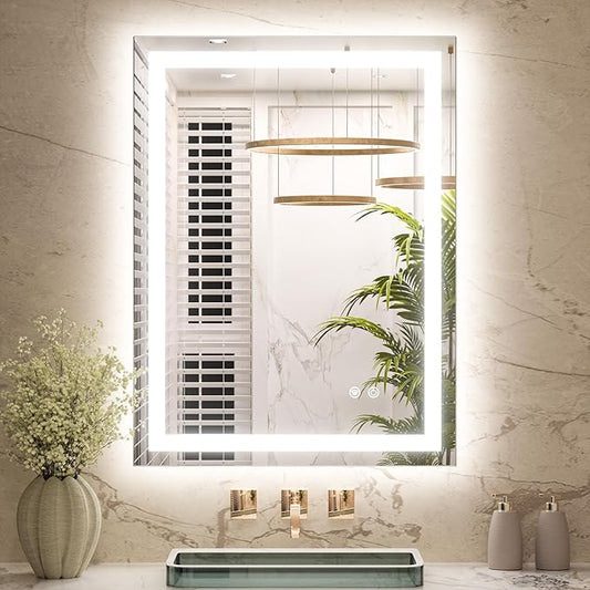 Keonjinn 24x32 Inch LED Bathroom Mirror with Light, Frontlit & Backlit, Lighted Mirrors for Bathroom Wall with Dimmable 3-Color Lights, Anti-fog Vanity Mirror with Tempered Glass, UL-Listed LED Driver