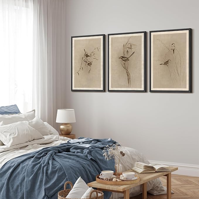 MUDECOR Framed Wall Art Print Set Vintage Bird Wheat Ear Illustrations Modern Art Boho Decorative Colorful Chic for Living Room, Bedroom, Office - 16"x24"x3 Black