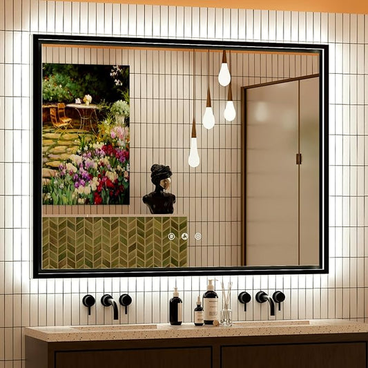40x30 Inch Black LED Bathroom Mirror with Front and Back Lights, Adjustable 3000K/4500K/6000K, Wall-Mounted Framed Lighted Bathroom Vanity Mirrors, Anti-Fog, Dimmable, Horizontal/Vertical