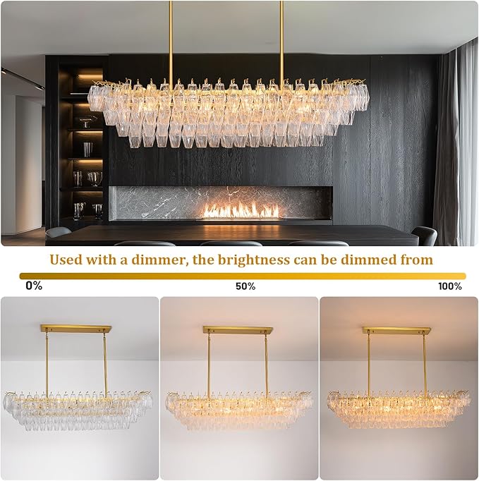 Modern Gold Rectangular Chandeliers for Dining Room, 14-Light 4 Tiered Crystal Brass Chandelier Over Dining Table, Glass Crystal Chandeliers for Kitchen Island, Long Chandelier for Living Room