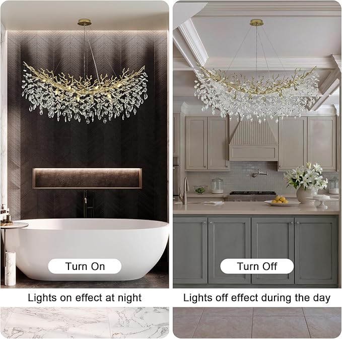 Modern Crystal Chandelier for Dining Room, 47" Gold Tree Branches Chandeliers 14 Lights Large Rectangular Chandeliers for High Ceilings Hanging Lights Fixture Master Bedroom Chandelier