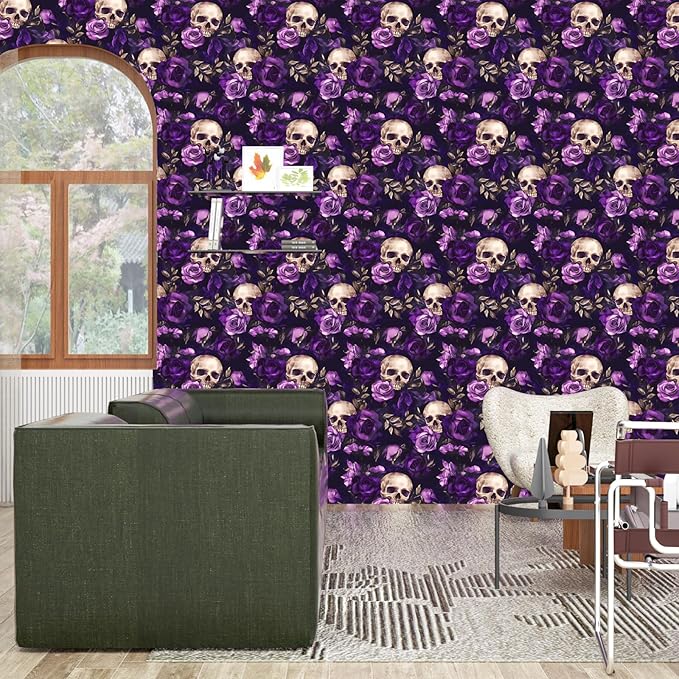 Black Floral Peel and Stick Wallpaper Vintage Boho Sugar Skull Contact Paper Gothic Flower Wall Mural Home Vinyl Waterproof Self Adhesive Removable Renter Friendly Wall Paper 17.5" x 118"