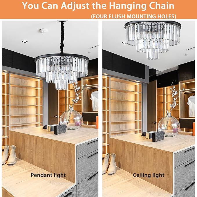 Black Modern Crystal Chandelier Lighting K9 Crystal Round Chandelier Hanging Ceiling Light Fixture 3-Tier Contemporary Crystal Pendant Light for Dining Room Living Room Bedroom 21.68inch