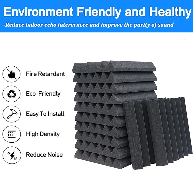 24 Pack Acoustic Foam Panels,2" x 12" x 12"Fireproof Soundproof Foam Sound Absorbing Noise Cancelling Panels for Recording Studios, Home, Offices Walls Ceiling（12 Blue+12 Black）
