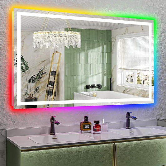 66x40 Inch RGB LED Bathroom Mirror Front Light and RGB Backlit Lighted Vanity Mirror for Bathroom Wall Mounted Dimmable Anti Fog Memory Shatter-Proof IP54 Waterproof Horizontal/Vertical