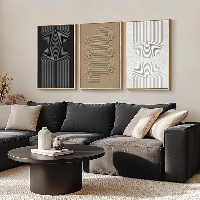 Large Framed Black and White Neutral Abstract Wall Art for Living Room, 3 Piece Boho Canvas Prints Paintings Artwork for Walls, Minimalist Geometric Pictures for Hallway Office Wall Decor 24x36 In