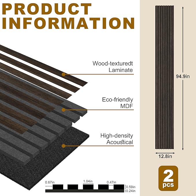 Acoustic Wood Wall Panels, 2-PC 94.49 x 12.6 in Soundproof Wood Wall Panels for Decor, Wood Slat Wall Panels for Wall Decor, Smoke Oak