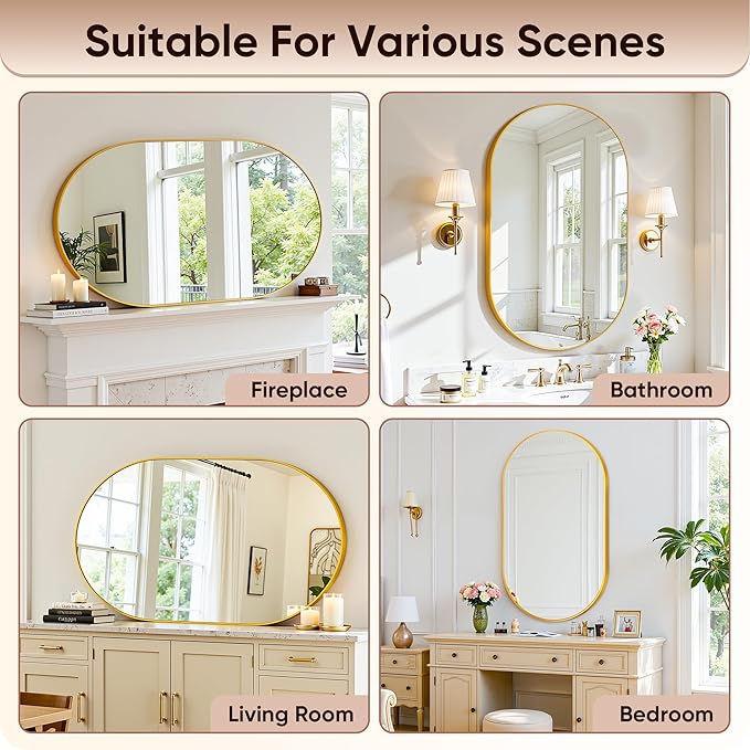 Antok Wall Mirror, 20"x36" Bathroom Vanity Mirror, Anti-Rust HD Tempered Glass, Wall Mounted Mirrors for Living Room, Entryway, Hallway, Gold Frame, Oval