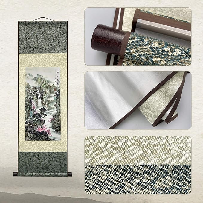 AtfArt Wall Art Asian Decor Beautiful Silk Scroll Painting - Jiangshan Duojiao, Chinese Art, Wall Hanging (36.2 x 12 in)