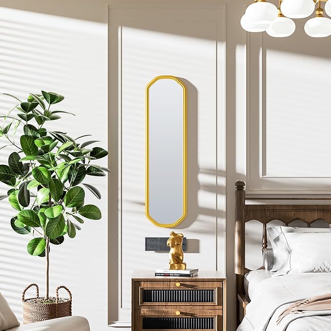 Modern Slim Wall Decor Mirror 10"x44" Gold - Skinny Wall Decor for Entryway, Bedroom, Nursery, Luxury Metal Frame with Anti-Shatter Glass