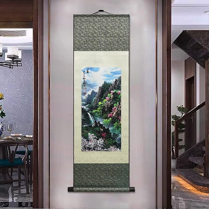 AtfArt Asian Wall Decor - Beautiful Silk Scroll Painting of Four Seasons Landscape - Summer, Autumn, Winter-Spring - Oriental Decor - Chinese Art - 36.2 x 12in (Spring)
