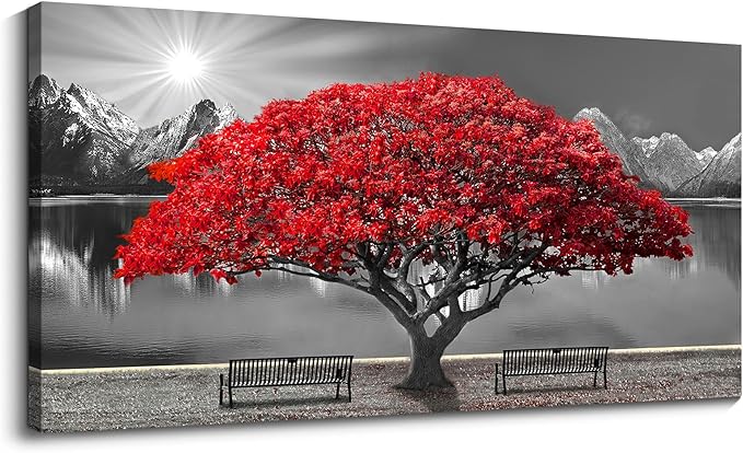 Mofutinpo Black and White Red Tree Wall Art Canvas Print Picture Large Red Tree Landscape Modern Artwork for Living Room Bedroom Office Home Wall Decor With Frame 24X48inch