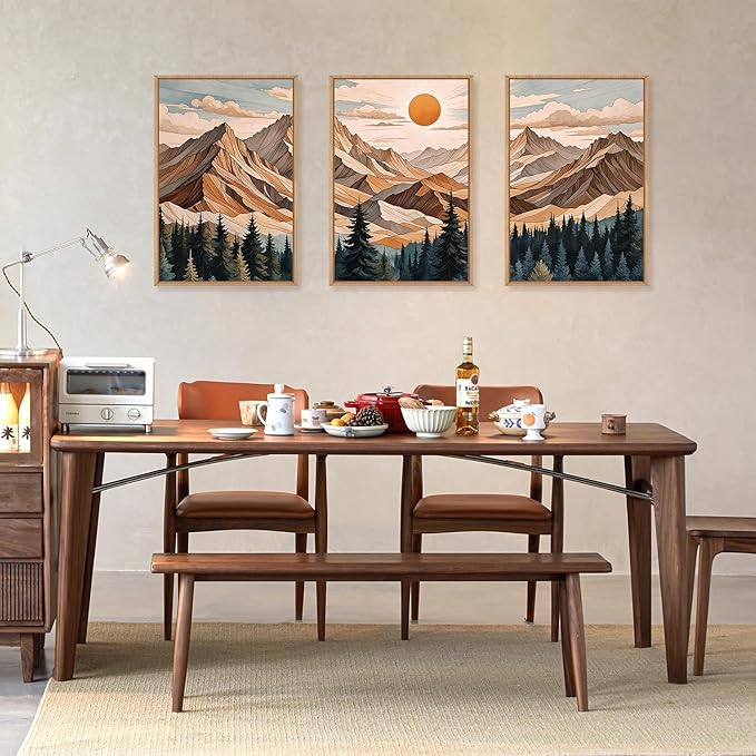 KAIRNE Mountain Framed Wall Art Set of 3, Wooden Mountain Forest Wall Decor, Boho Pine Tree Landscape Wall Painting, Woodcut Wilderness Scenery Art Prints for Living Room, Bedroom, Office -16"x24"