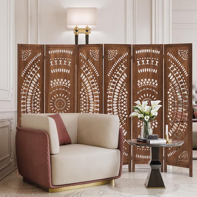 Boho 6 Panel Room Divider, Room Dividers and Folding Privacy Screens, Modern Room Partition, 67" Room Divider Wall, Privacy Dividers for Rooms, Bedroom, Office, Dark Brown