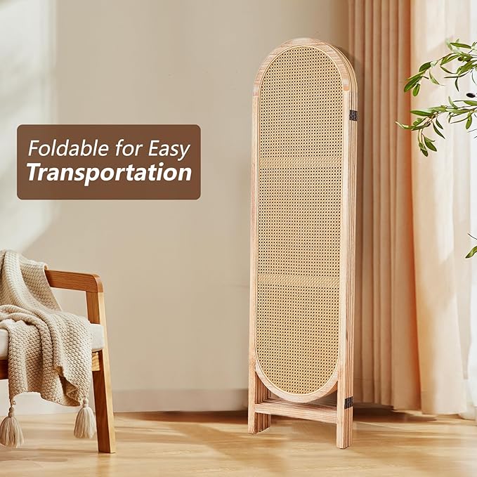 4 Panels Room Dividers Panel, Hand-Woven Rattan Room Divider Wall, Wood Room Divider and Folding Privacy Screens, Freestanding Room Partitions Screen for Home Office Bedroom, Light Brown