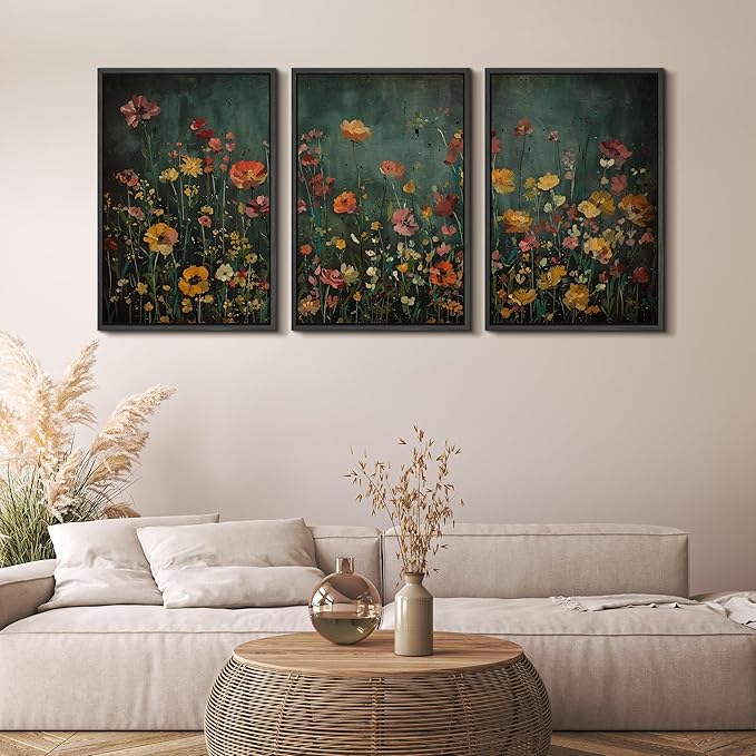 MUDECOR Framed Wall Art Print Set Vintage Wildflower Meadow with Colorful Blooms Illustrations Modern Art Boho Decorative Colorful Chic for Living Room, Bedroom, Office - 16"x24"x3 Black