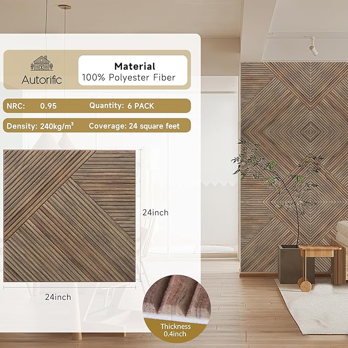 Acoustic Wall Panels,6 Pack Total Size 72 x 48 Inches,Self-Adhesive Decorative Acoustic Panels for Wall and ceiling,3D UV Printing with Wood Look,Natural Walnut