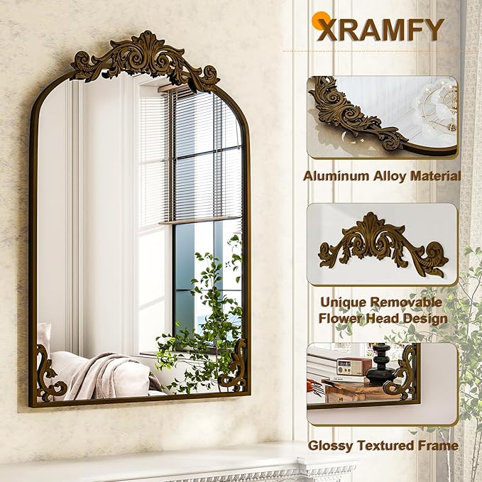 38"x 26" Arched Bathroom Mirror, Wall-Mounted Mirror with Carved Metal Frame & Bottom Art Carved, Vanity Mirror for Home Decor, Hanging Wall Mirror with Baroque Ornate Carved Accents, Vintage Bronze
