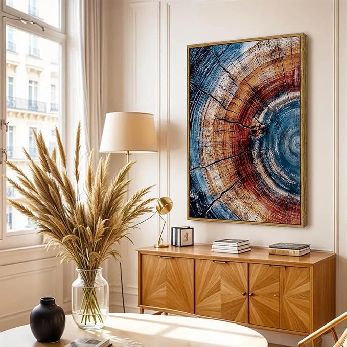 BingruiArt Large Framed Tree Ring Wall Art Wood Canvas Colorful Boho Wall Decor Rustic Artwork Abstract Painting Farmhouse Picture Nature Print for Living Room Bedroom Bathroom 24"x36" Natural Framed(01)