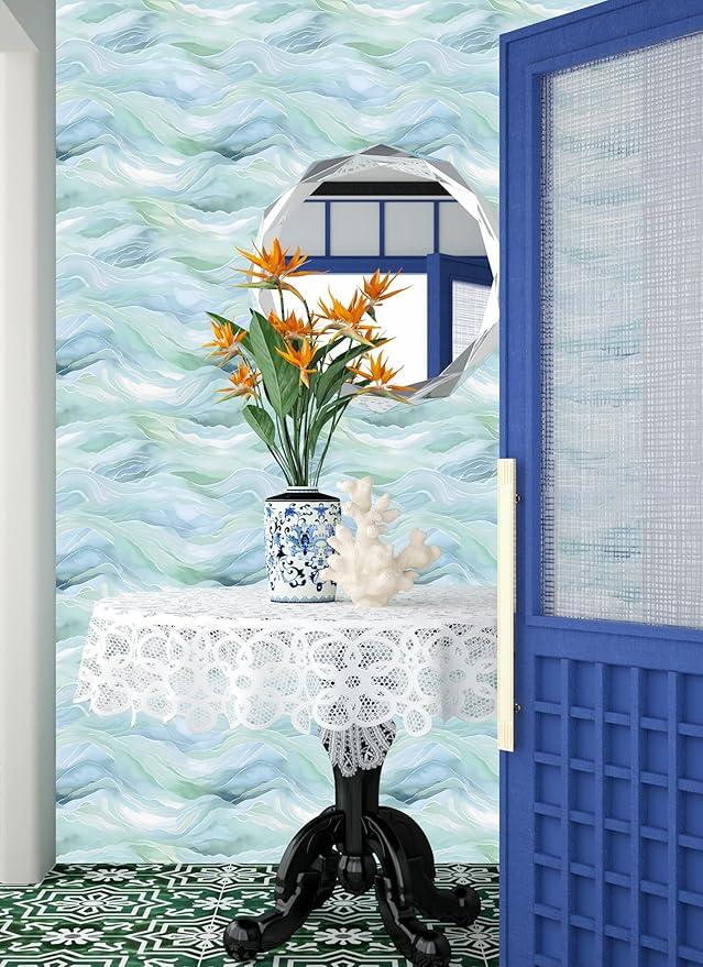 Blue Floral Peel and Stick Wallpaper Boho Leaf Contact Paper Blue Sky Removable Self Adhesive Waterproof Wall Paper for Cabinet Drawers Wall Decor Renter Friendly 17.5''x118''