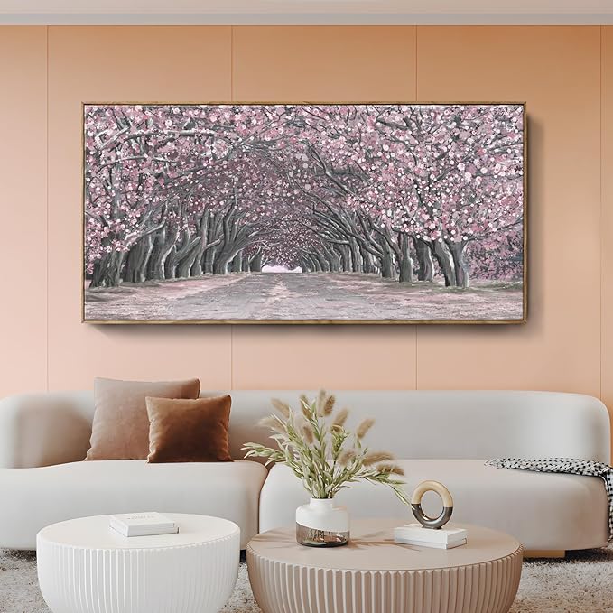 Nicetop Big Framed Canvas Wall Art for Living Room – Large Pink Abstract Floral Canvas Print Cherry Blossom Tree Tunnel Artwork – Oversized Spring Landscape Picture Bedroom Girls Women Decor 58x29Inch