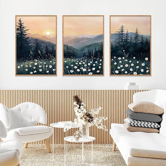KAIRNE 3 Piece Framed Mountain Landscape Wall Art with Daisies, Sunset Forest and Misty Pine Tree Canvas Prints, Nature Scenery Home Decor for Living Room, Bedroom, Office, 16x24inch