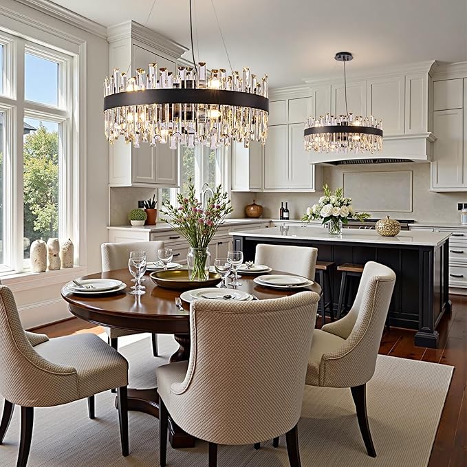 Modern Crystal Chandelier for Dining Room, 12-Light Black Round Chandelier, 23.6-inch K9 Crystal Raindrop Ceiling Light, Luxury Flush Mount Light Fixture for Kitchen Living Room Entryway