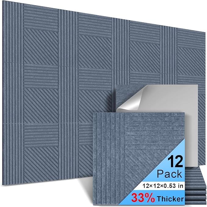 12 Pack Acoustic Wall Panels Self-Adhesive, 12" X 12" X 0.5" Decorative Acoustic Panels, Soundproof Wall Panels for Studio, Home & Living Room, Polyester - Rectangle Cement Gray