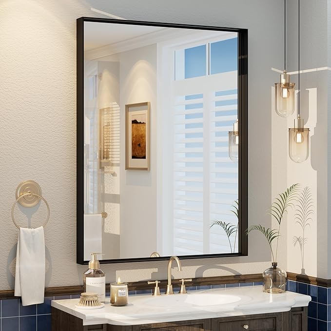 28x36 Inch Black Metal Framed Wall Mirror for Wall, Matte Black Rectangle Mirror, Bathroom Vanity Mirror with Square Corner, Anti-Rust (Horizontal/Vertical)