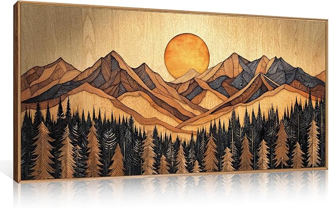 Ausril Woodcut Mountain Pine Tree Framed Canvas Wall Art Set - 20x40 Inch, Vintage Nature Forest Wilderness Landscape Print, Brown Boho Style Painting for Living Room, Bedroom, Office Decor