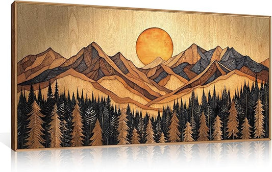 Ausril Woodcut Mountain Pine Tree Framed Canvas Wall Art Set - 20x40 Inch, Vintage Nature Forest Wilderness Landscape Print, Brown Boho Style Painting for Living Room, Bedroom, Office Decor