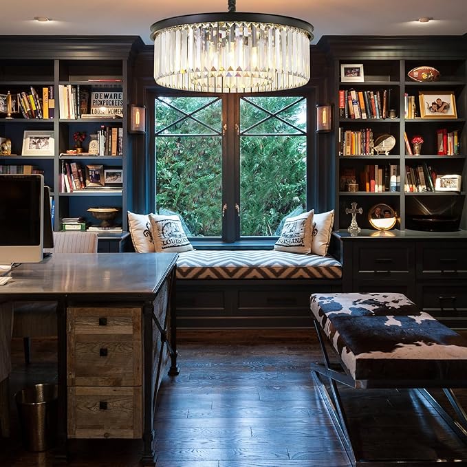 Modern Black Crystal Chandelier,2-Tier Round Pendant Ceiling Fixture with Height Adjustable Luxury Hanging Chandelier for Dining Room,Living Room,Entryway,Bedroom,Kitchen,and Foyer (Black Crystal-2)