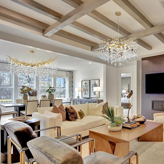 Modern Crystal Gold Chandelier, 55" Large Rectangular Oval Tree Branch Crystal Chandeliers for Dining Room,16-Light Flush Mount K9 Crystal Chandeliers, for Kitchen Island,Dining Room