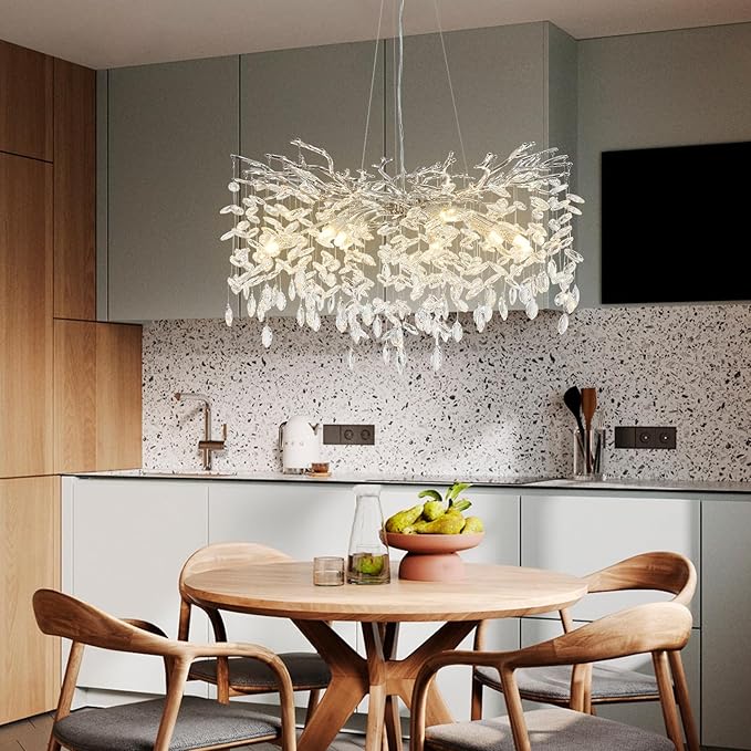 30" Silver Crystal Chandelier, 10-Light Tree Branch Chandelier for Dining Room, Modern Round Chandeliers for Living Room, Foyer, Entryway, Bedroom, Kitchen, Luxury K9 Crystal Raindrop Light Fixture