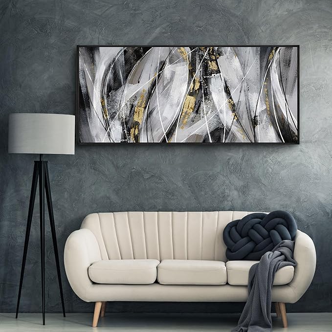 KLAKLA Abstract Frame Wall Art - Black and White Picture for Living Room Black and Gold Framed Artwork Canvas Art Work for Office Home Decor Bedroom Wall Decoration - 70x31 Inches