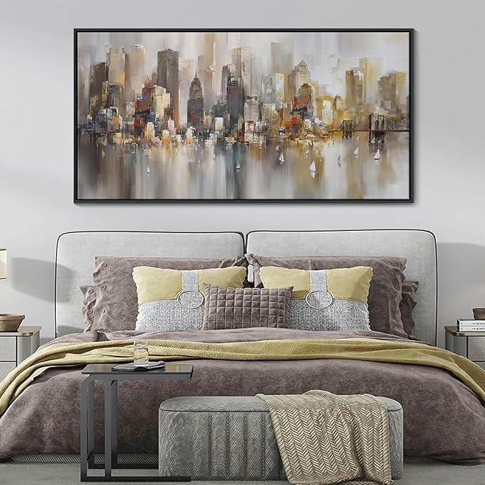New York City Wall Art - Framed Modern Abstract Wall Art for Living Room, Office & Bedroom Cityscape & Paintings for Bedroom brooklyn bridge Pictures Wall Decor Chicago Artwork for Walls 29×58IN