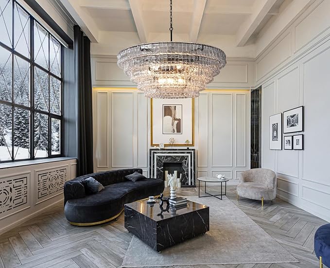 47 Inch Round Chandelier Clear Glass, Extra Large Drum Pendant Light for Dining Room, Modern Crystal Glass Ceiling Fixture Perfect for Living Room, Foyer