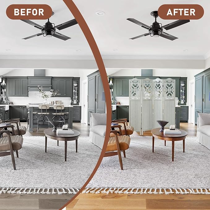 4 Panel Room Divider Fully Assembled, Carved Room Dividers and Folding Screens, 5.6Ft Wood Room Divider Screen Freestanding Partition Wall Dividers for Home Bedroom Office, Rustic White