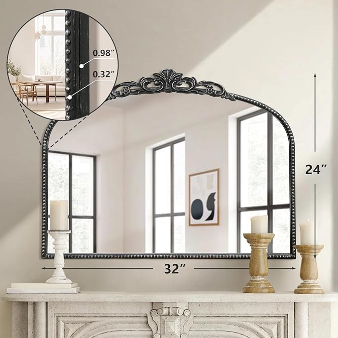 Micasso Vintage Wall Black Mirror: 24" x 32" French Baroque Antique Mirror - Traditional Ornate Decorative Arched Mirrors for Wall/Bathroom/Entryway/Fireplace/Hallway - Home Decor for Living Room