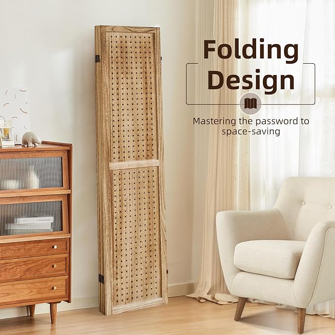 4 Panel Pegboard Display with 16 Hooks, Wooden Room Divider Wall and Folding Privacy Screens, Partition Room dividers, Pegboard Room Divider, Jewelry Store, Bedroom, Balcony, Light Brown