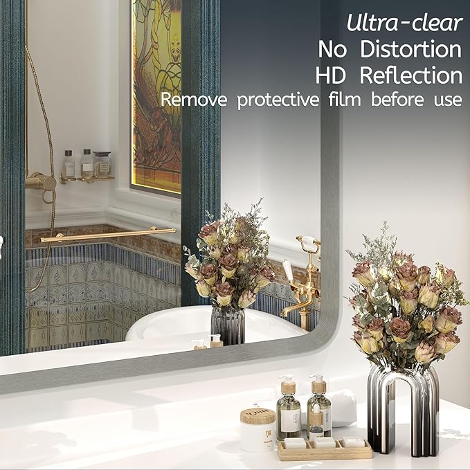 OKPAL Brushed Nickel Mirror 24 x 36 Silver Bathroom Mirror, Rounded Rectangle Silver Vanity Mirror with Brushed Metal Frame, HD Anti-Rust Wall Mirror(Horizontal/Vertical)