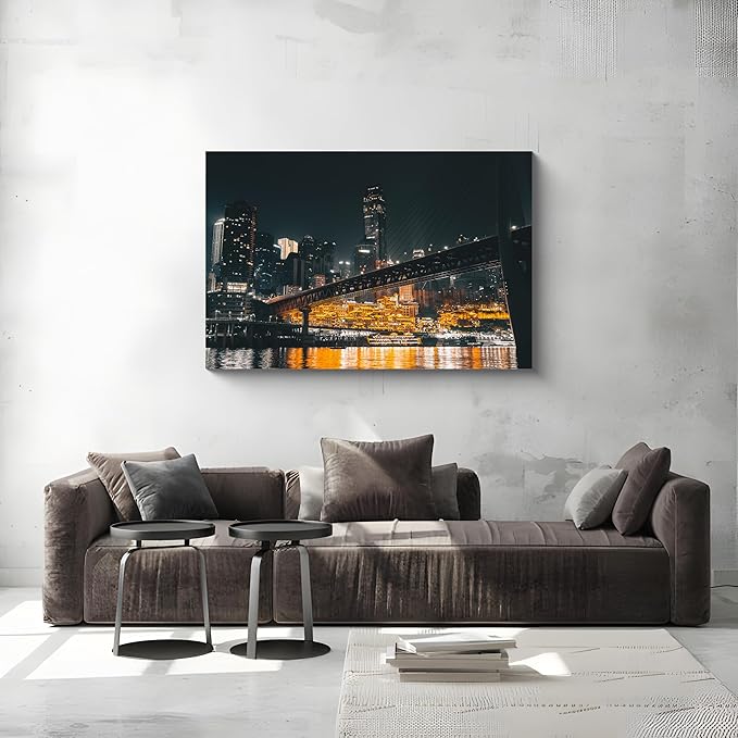 NAN Wind 1PCS Chongqing City Nightscape Canvas Wall Art Illuminated Chinese Skyline with Bridge Skyscrapers Modern Urban Landscape Photography Print for Living Room Office Bedroom Decor