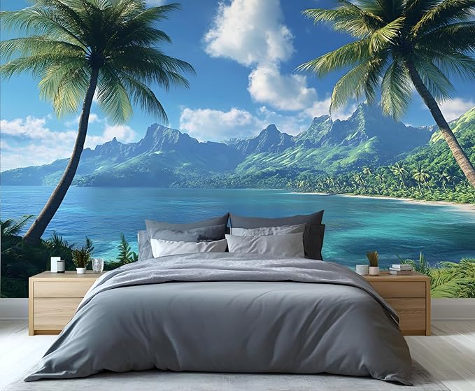Blue Sky Sea Wall Murals, Coconut Trees Mural Wallpaper, Green Mountains Wall Decor, White Clouds Mural for Bedroom, Island Scenery Wallpaper for Living Room 118"（W） x 78"（H）