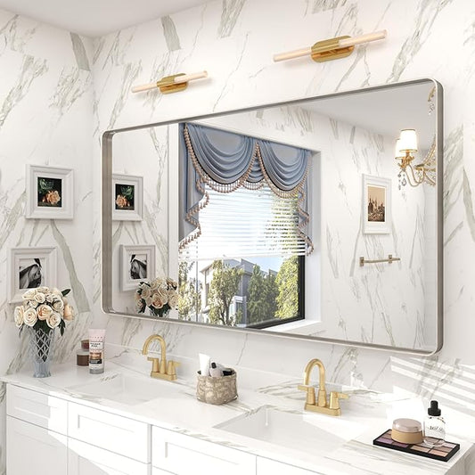 55x30 Silver Bathroom Mirror for Wall, Brushed Metal Silver Framed Bathroom Vanity Mirror, Rounded Corner Rectangle Mirror, Shatterproof, Anti-Rust (Horizontal/Vertical)