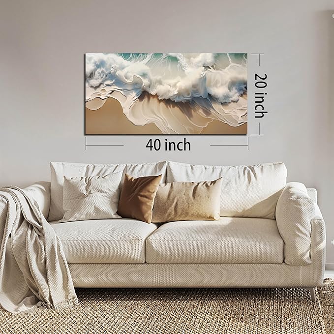 Ocean Waves Canvas Wall Art for Living Room, Beach Scenery View Home Decor Picture, Sea Waves Canvas Wall-Decoration, Seaside Scene Decorative Print Artwork for Office Bedroom, Size 40x20 Inches
